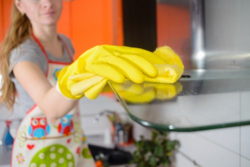 Local oven cleaning technician working in a modern Docklands apartment